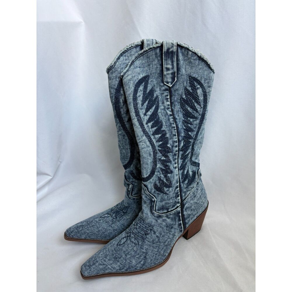 Western Cowboy Boots Light Wash Denim 9.5 Festival Cowgirl Line Dancing Heeled
